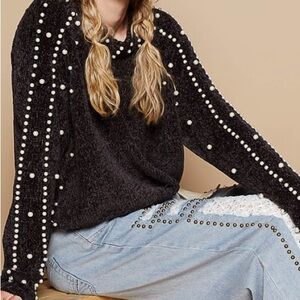994. POL CHENILLE Black bead pearl sweater oversized cropped slouchy soft